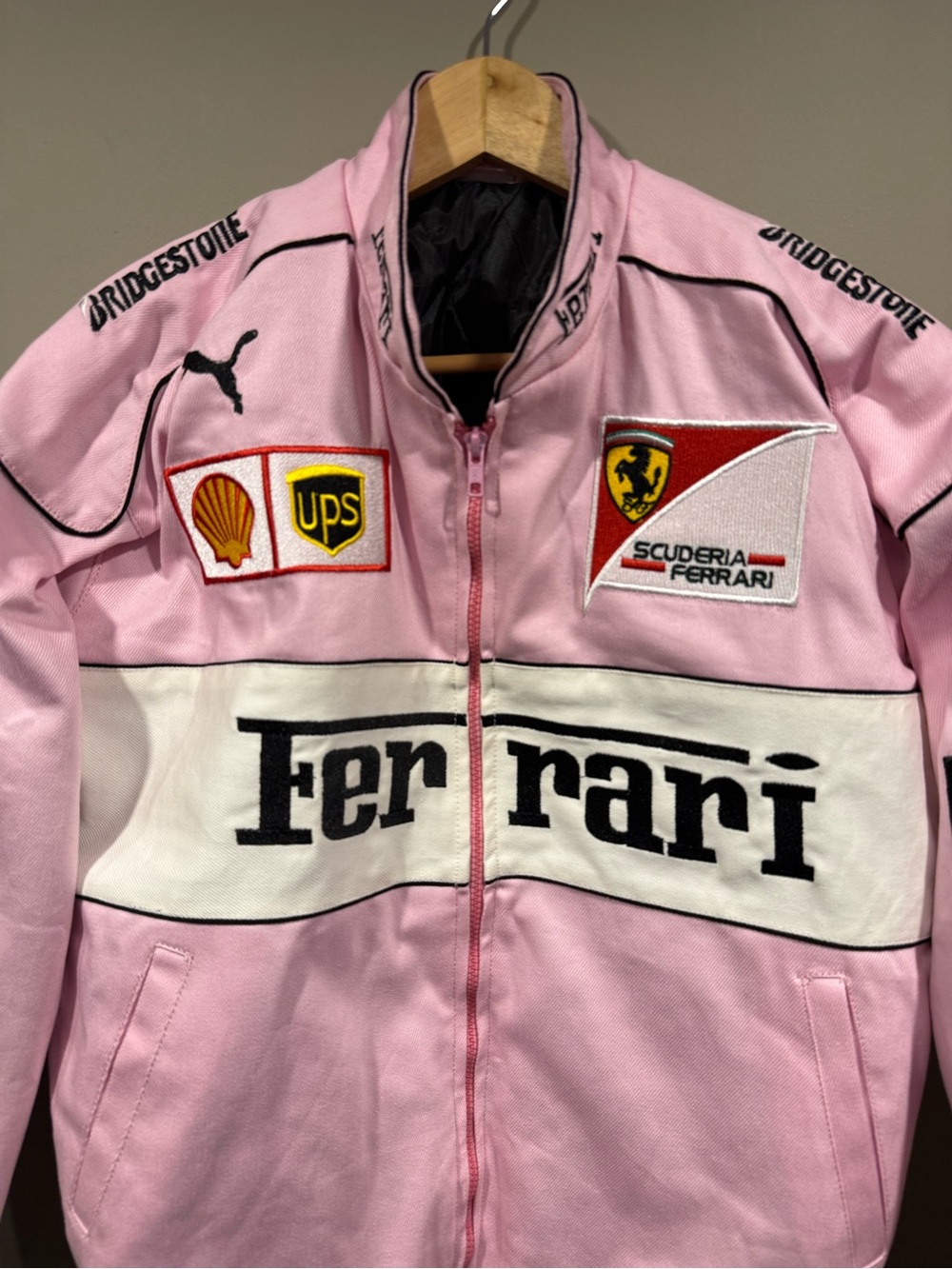 Ferrari inspired F1 Pink womens Racing denim Jacket w/ stitched patches NWOT